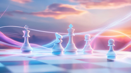 A 3D chess-themed abstract design with floating pieces and glowing effects.の素材