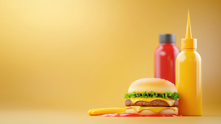 A 3D bottle of ketchup and mustard with a burger in the background.の素材