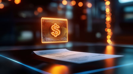 A 3D icon of a dollar sign hovering over a payment receipt with a glowing outline.の素材