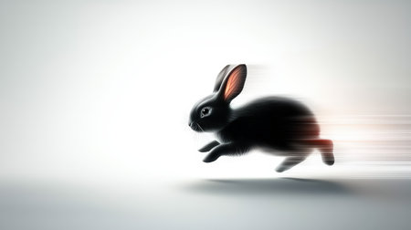 Rabbit silhouette in motion, mid-hop, with a dynamic and fluid design on a minimalistic background.の素材