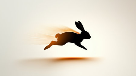 Rabbit silhouette in motion, mid-hop, with a dynamic and fluid design on a minimalistic background.の素材