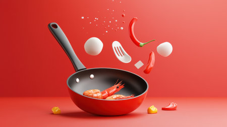 A 3D cooking icon with a frying pan, spatula, and sizzling food.の素材