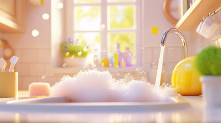 A clean-up in progress, with soap bubbles and sponges around a sink in a beautifully lit kitchen.の素材