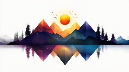 Watercolor-inspired mountain silhouette illustrations grouped in dynamic symmetry, clean layoutの素材