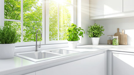 A bright and airy kitchen featuring a farmhouse sink and large windows.の素材