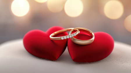 A close-up of intertwined fingers with wedding bands, resting on a red heart cushion.の素材
