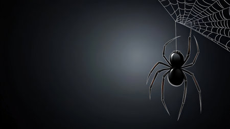 Spider silhouette dangling from a thin web, set against a dark gradient.の素材