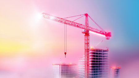 A bright red crane set against the backdrop of a partially constructed skyscraper.の素材