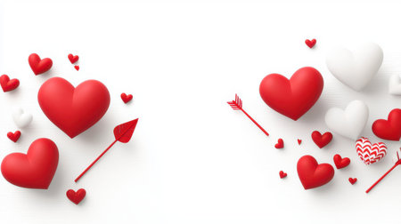 A cheerful Valentines web banner with cartoon hearts, arrows, and playful fonts.の素材