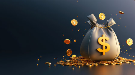 A 3D money bag icon with a dollar sign and golden coins scattered around.の素材