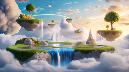 A 3D rendered fantasy world with floating islands and glowing waterfalls.の素材