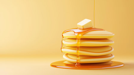 A 3D pancake stack icon with dripping syrup and butter on top.の素材