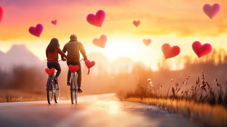 A couple cycling on a countryside road with Valentine's-themed decorations on their bikes.の素材