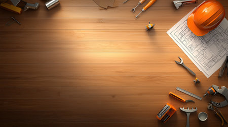 A construction background featuring scattered tools on wooden planks and a blueprint.の素材