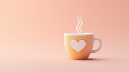 A 3D coffee cup icon with steam rising and a heart-shaped latte art design.の素材