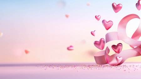 A festive banner featuring cascading ribbons and heart confetti on a pink gradient.の素材
