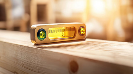 A high-quality image of a spirit level aligned perfectly on a wooden beam.の素材