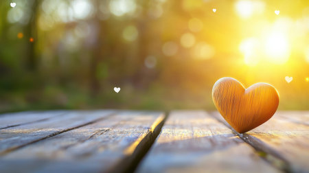 A handcrafted wooden heart placed on a rustic plank with soft lighting.の素材