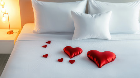 A luxurious Valentine's Day hotel bed with silk sheets and scattered heart pillows.の素材