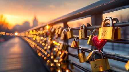 A love lock bridge filled with locks engraved with couples' initials on Valentine's Day.の素材