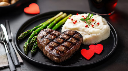 A heart-themed steak platter served with creamy mashed potatoes and grilled asparagus.の素材