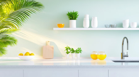 A minimalistic clean kitchen design with glossy surfaces, organized shelves, and fresh plants for a touch of nature.の素材