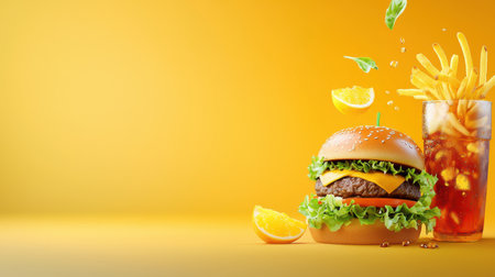 A casual fast-food burger and fries combo, served with a cold soda, on a vibrant background.の素材