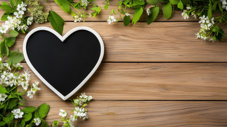 A heart-shaped chalkboard placed on a rustic wood background with floral accents.の素材