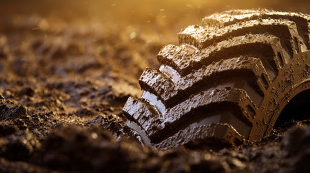 Close-up of the tire tracks left by a heavy-duty construction truck on a muddy site.の素材