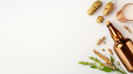 A rustic brewing setup with copper kettles and hops spread across a clean surface, elegant and detailed on whiteの素材