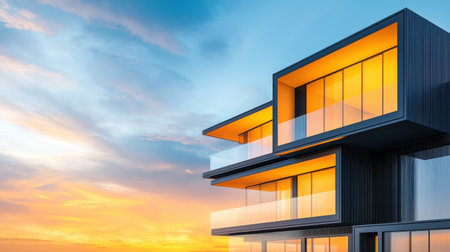 Close-up of modern multifamily apartment units with large glass windows.の素材
