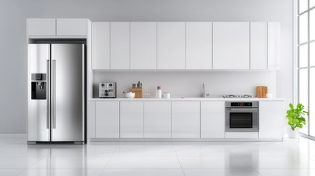 A modern kitchen showcasing stainless steel appliances, including a fridge, oven, and microwave, under bright natural lighting.の素材