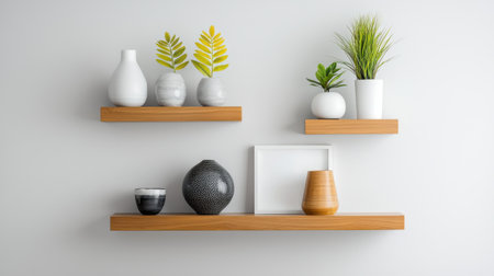 Modern living room with floating shelves and curated art pieces.の素材