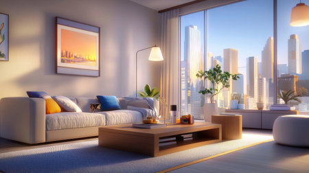 A contemporary apartment living room with a neutral color palette, stylish decor, and warm natural lighting.の素材