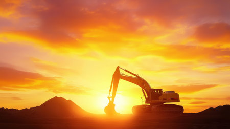 Heavy machinery silhouettes against a vivid sunset at a bustling construction zone.の素材