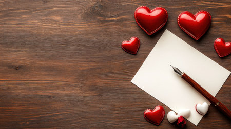A romantic flat lay of a Valentines card with a quill pen and heart-shaped seals.の素材