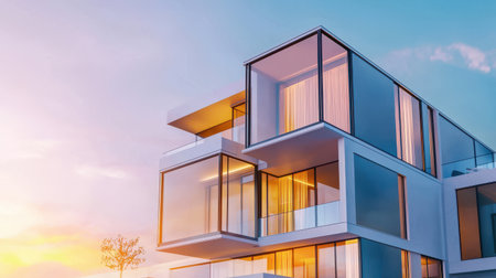 Close-up of modern multifamily apartment units with large glass windows.の素材