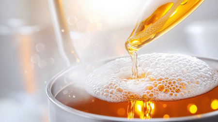 Brewing process close-up featuring bubbling beer in a kettle, sharp and detailed on whiteの素材