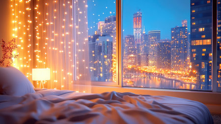 Cozy city apartment bedroom with contemporary decor and views of the city lights.の素材