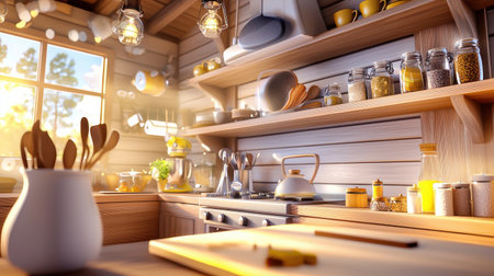 A cozy kitchen interior with wooden accents, warm lighting, and open shelves filled with jars and utensils.の素材
