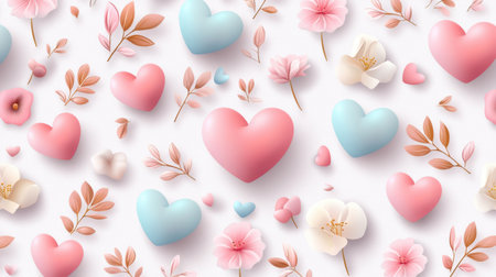 A seamless Valentines vector pattern with candy hearts and delicate floral designs.の素材