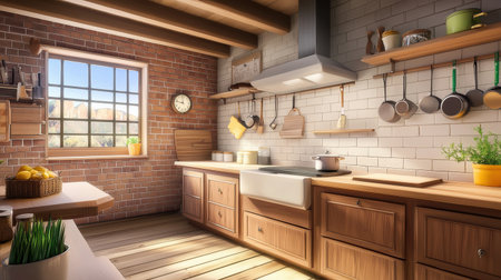 A rustic home kitchen with exposed brick walls, hanging pots, and a farmhouse-style sink.の素材