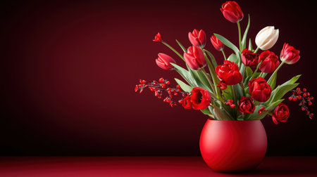 A collection of beautiful red tulips and roses in a vase, ideal for a Valentine's Day gift.の素材