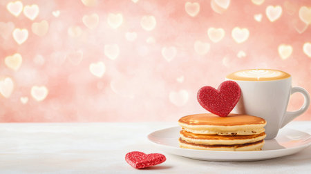 A Valentines Day hotel breakfast setup with heart-shaped pancakes and coffee.の素材