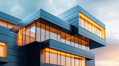An ultra-modern building with a focus on detailed window frames and sleek metal textures.の素材