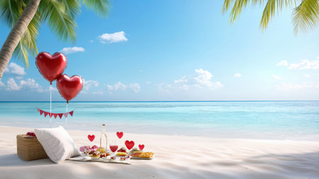 A romantic picnic on a tropical beach with heart-shaped balloons and a Valentines banner.の素材