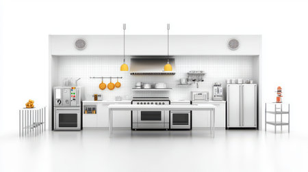A sleek and modern commercial kitchen with high-end appliances and perfectly aligned equipment.の素材