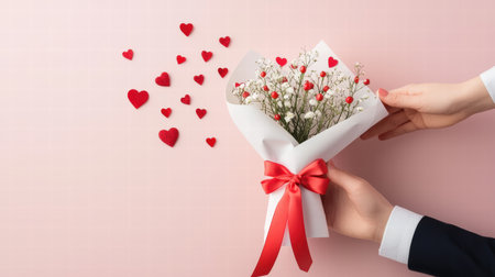 A close-up of hands handing over a Valentine's Day bouquet wrapped in ribbon, offering love and affection.の素材