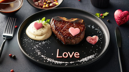 A Valentines Day special steak meal with sauces and a personalized 'Love' garnish.の素材