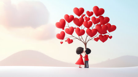 A whimsical Valentines Day illustration of a couple under a tree with heart-shaped leaves.の素材